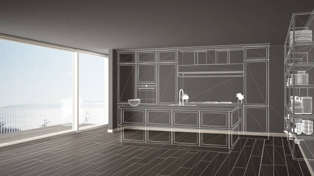 istock Empty white interior with parquet floor and big panoramic window, custom architecture design project, white ink sketch, blueprint showing classic kitchen 1136188906