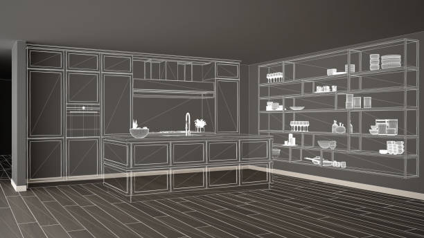 istock Empty white interior with parquet floor, custom architecture design project, white ink sketch, blueprint showing classic kitchen 1136188941