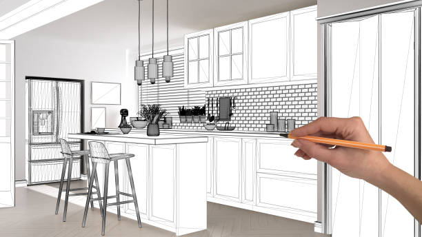 istock Unfinished project, under construction draft, concept interior design sketch, hand drawing scandinavian kitchen blueprint sketch in real home background, architect and designer idea 1136189790