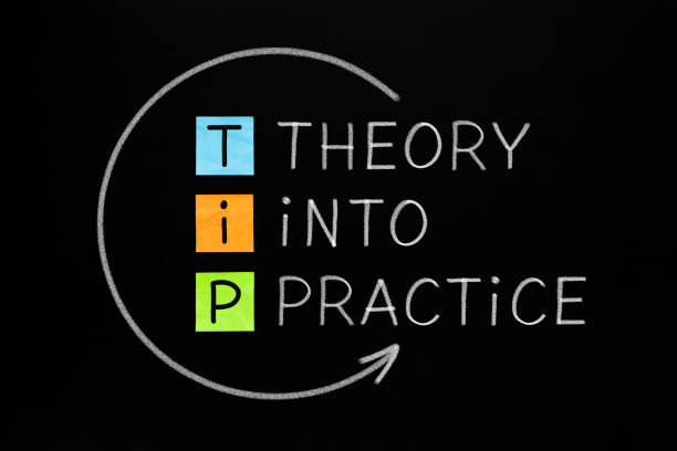 illustrazioni stock, clip art, cartoni animati e icone di tendenza di teoria in pratica tip concetto - practicing