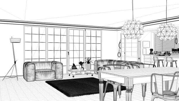 istock Interior design project, black and white ink sketch, architecture blueprint showing scandinavian minimalistic kitchen with open living room, contemporary architecture 1136189920