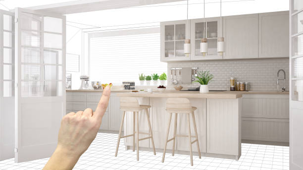 istock Unfinished project, under construction draft, concept interior design sketch, hand pointing real scandinavian kitchen with blueprint background, architect and designer idea 1136189966