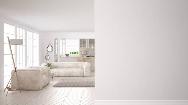 istock Modern white scandinavian living room with sofa, carpet and kitchen on a foreground wall, interior design architecture idea, concept with copy space, blank background 1136190071