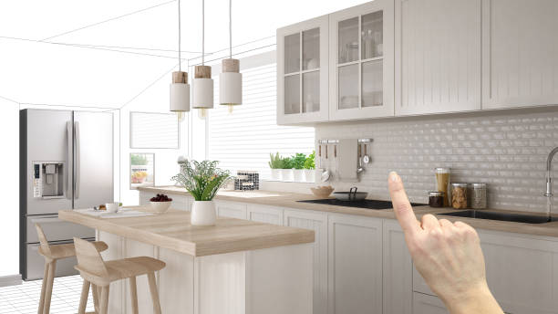istock Unfinished project, under construction draft, concept interior design sketch, hand pointing real scandinavian kitchen with blueprint background, architect and designer idea 1136190151