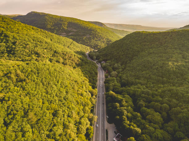 aerial view of wide highway between the mountains covered with green woods b - road top view imagens e fotografias de stock