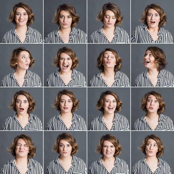 mujer real haciendo diferentes expresiones faciales - imagen múltiple fotografías e imágenes de stock