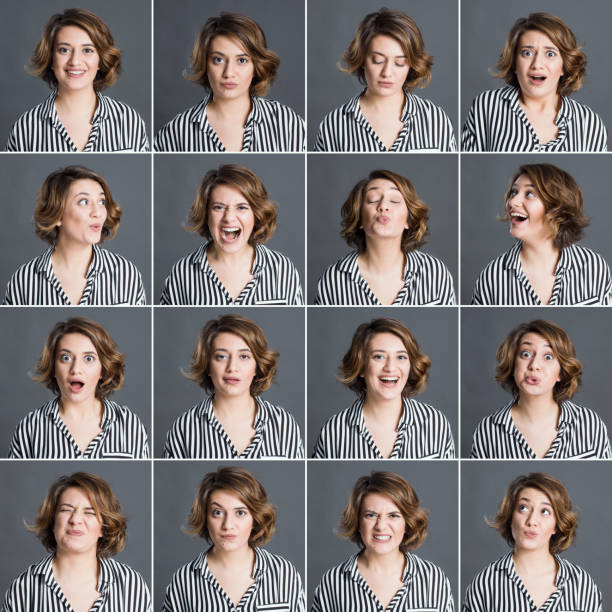 異なる表情を作る本物の女性 - facial expression women sadness multiple image ストックフォトと画像