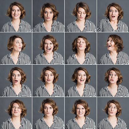 Real woman making different facial expressions