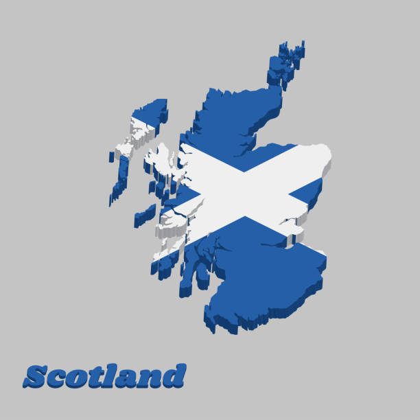 3d Map outline and flag of Scotland, it is a blue field with a white diagonal cross that extends to the corners. 3d Map outline and flag of Scotland, it is a blue field with a white diagonal cross that extends to the corners with text Scotland. 3d uk map stock illustrations