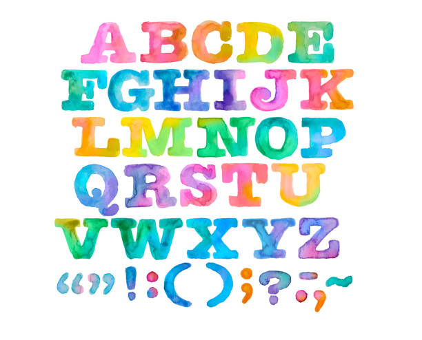 alfabeto brilhantemente pintado da aguarela e pontuação - letter o paint alphabet painting - fotografias e filmes do acervo