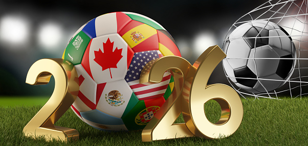 soccer ball with flags of Canada America Mexico 2026. 3d-illustration