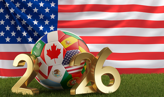 soccer ball with flags of Canada America Mexico 2026. 3d-illustration