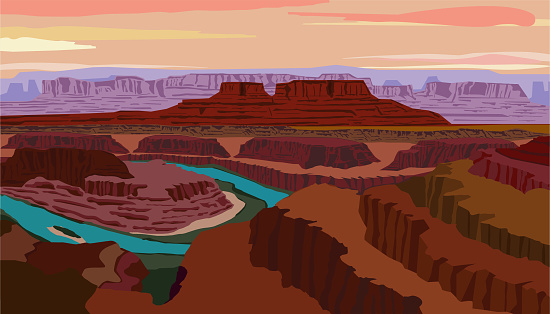 Vector illustration with view of the Colorado River and Canyonlands National Park from Dead Horse Point State Park located in the state of Utah. Adventure, travel illustration.