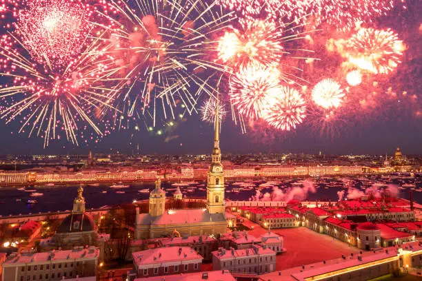 Aerial view of Peter and Paul Fortress, fireworks, Neva river, Saint Petersburg, Russia