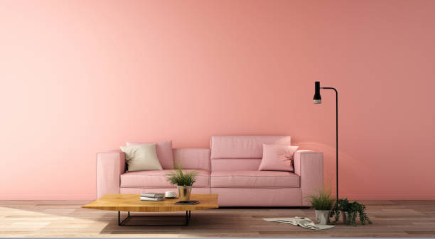 istock 3d illustration,interior design for living area or reception in modern style with sofa, side table,plant on wood floor and light pink wall 1136202515