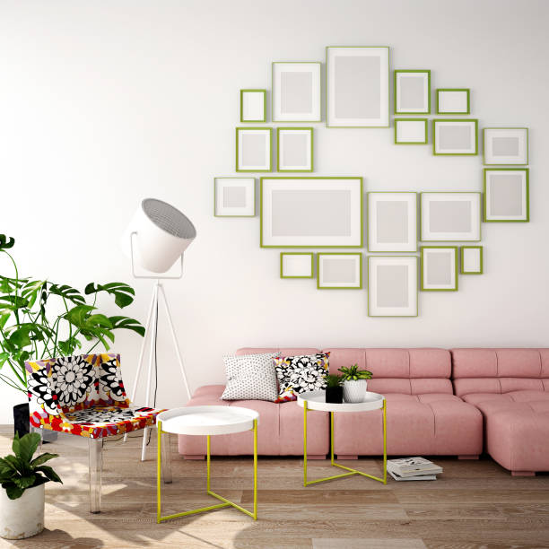 istock 3d illustration,interior design for living area or reception in modern style with sofa, side table,plant on wood floor and light pink wall 1136203176