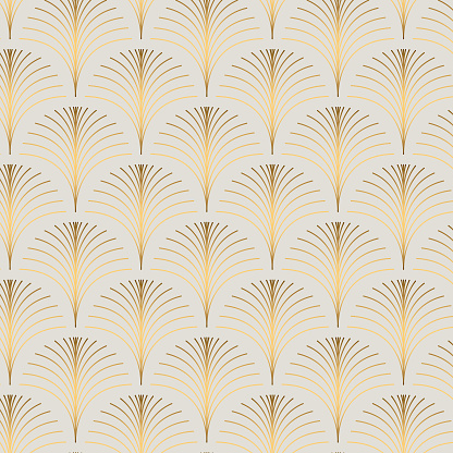 Vintage style elegant art deco repeat fan pattern/stylized palm leaf in golden metallic gradient on light background. Seamless vector fan pattern.