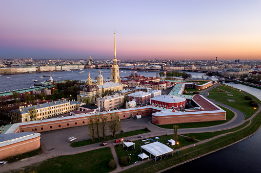 Aerial view of Peter and Paul Fortress, Neva river, Saint Petersburg, Russia