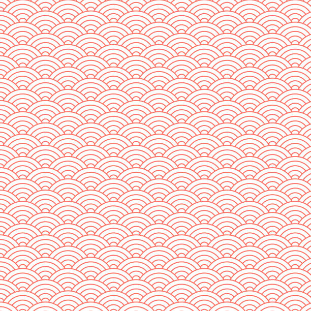 vintage style art deco seamless fan pattern in living coral color/retro-textur-vektormuster. elegantes muster mit traditionellen japanischen kreisen für mode, innenarchitektur. - chinesische kultur stock-grafiken, -clipart, -cartoons und -symbole