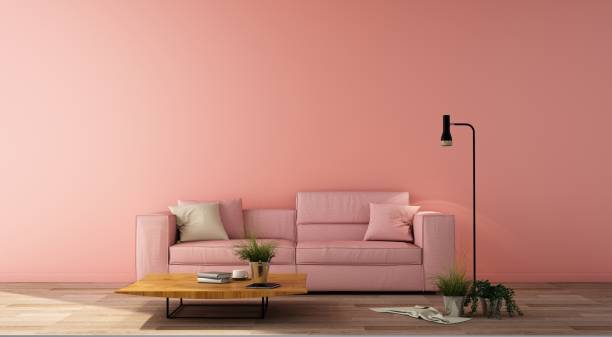 istock 3d illustration,interior design for living area or reception in modern style with sofa, side table,plant on wood floor and light pink wall 1136203319