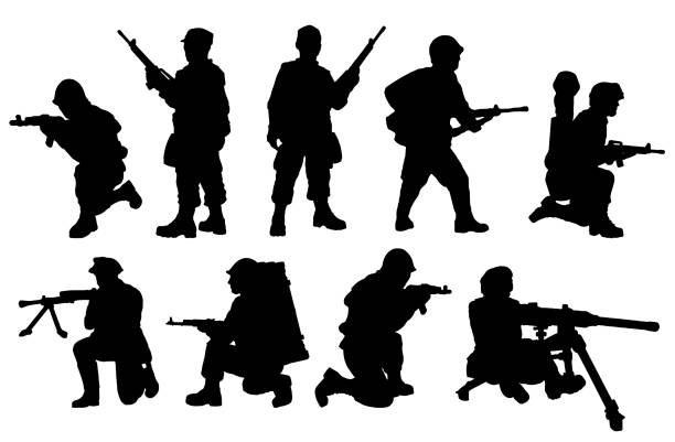 sylwetki żołnierzy wojskowych - people shotgun weapon horizontal stock illustrations