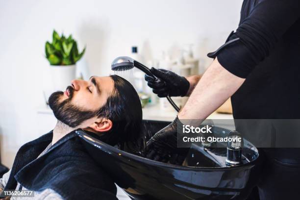 Man Getting Hair Washed At Hairdresser Stock Photo - Download Image Now - Barber Shop, Hair Salon, Men