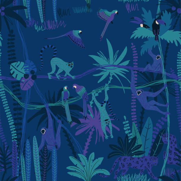 Jungle Wildlife Animals Seamless Pattern. Colorful wildlife animals print. Seamless pattern with monkey, leopard, lemur, toucan and parrot in wild jungle forest. pics for toucan flying stock illustrations