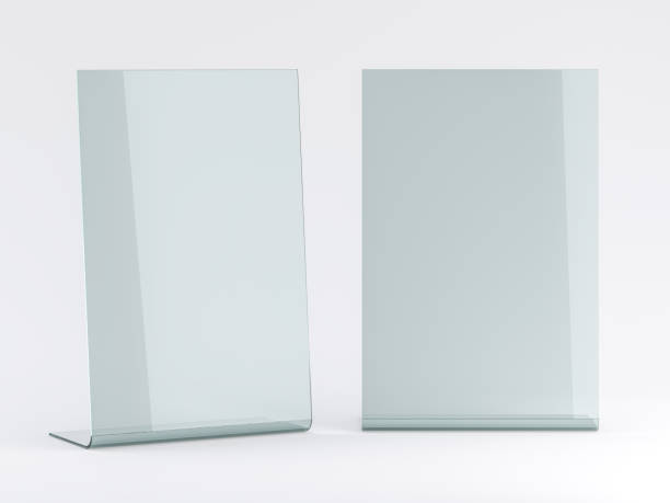 Glass stand for booklets on white background. Mockup. 3D