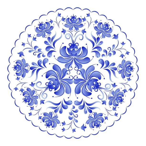 Vector illustration of Round floral element in Russian folk style Gzhel