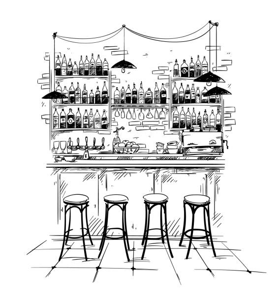 illustrations, cliparts, dessins animés et icônes de réglage intérieur de la barre, croquis vectoriel - bar stools illustrations