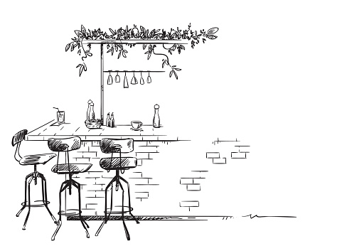 bar interior sketch, bar stand vector drawing