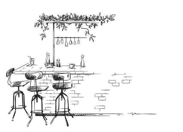 bar interior sketch, bar counter vector drawing bar interior sketch, bar stand vector drawing cafe bar counter stock illustrations