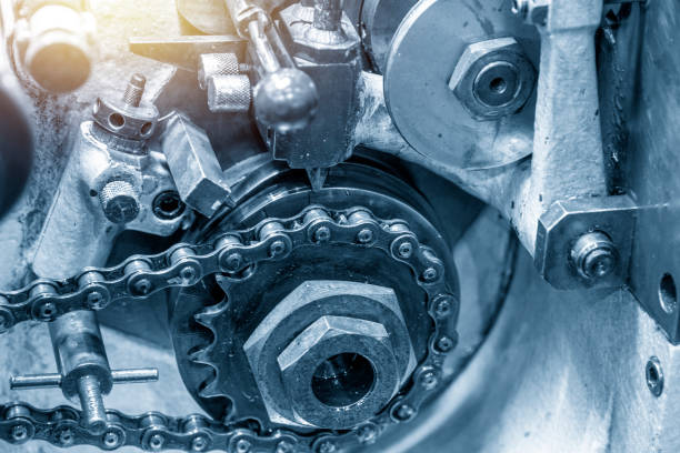 istock The old manufacturing machine  in the light blue scene. 1136212207