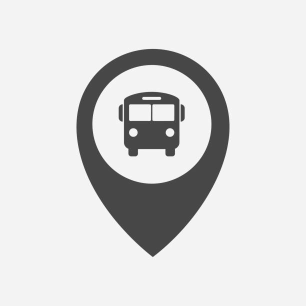 ilustraciones, imágenes clip art, dibujos animados e iconos de stock de icono de marcador de ubicación de parada de autobús/estación de autobuses - camioneta