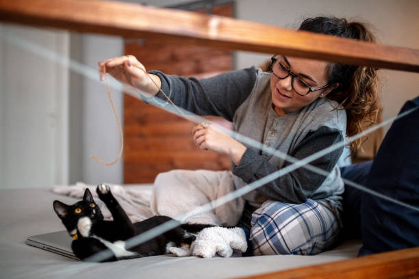 istock Young woman playing on the bed with her cat 1136219648