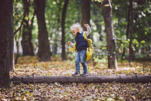 the theme children outdoor activities. funny little baby caucasian blond girl walks through forest overcoming obstacles, tree fell, log. baby hiking big funny backpack in autumn forest park - preschooler autumn beautiful blond hair imagens e fotografias de stock