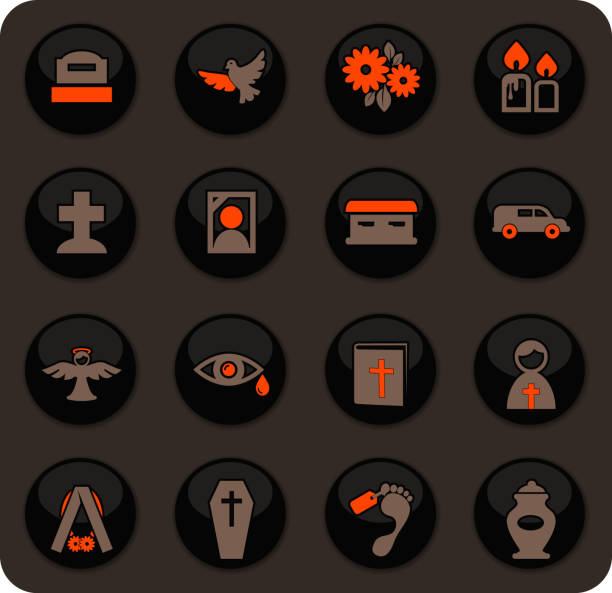 Funeral service icons set Funeral service color vector icons on dark background for user interface design funeral home logo stock illustrations