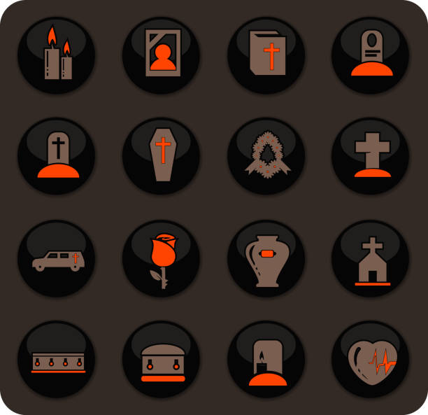 Funeral service icons set Funeral service color vector icons on dark background for user interface design funeral home logo stock illustrations