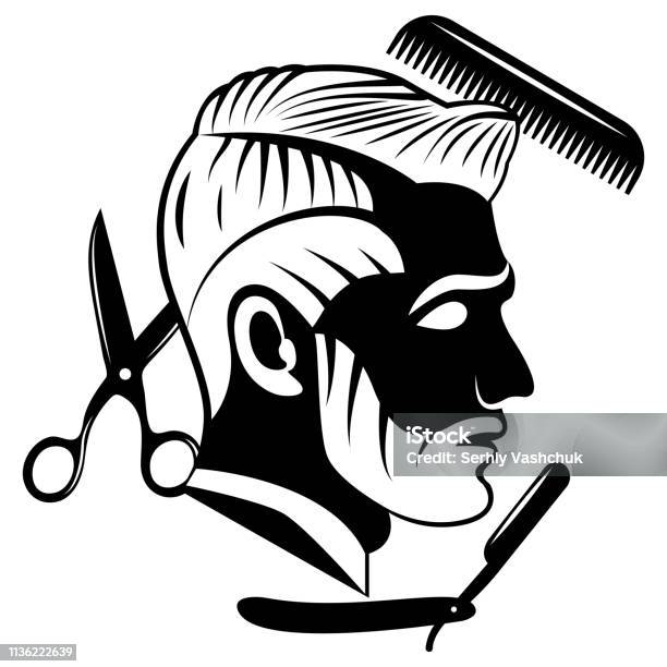 Vector Design Of The Barbershop Logo Flat Monochrome Image Of A Profile Of  A Bearded Man