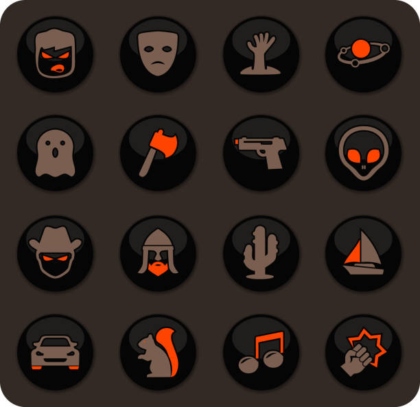 Genres of cinema icons set Set of movie genres color vector icons on dark background for user interface design thriller film genre stock illustrations