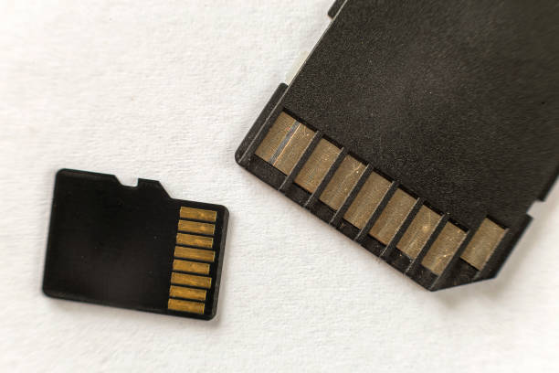 istock Close-up of micro SD memory card and SD adapter isolated on white copy space background. Modern technology concept. 1136226363