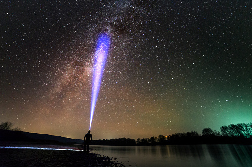 Back view of man with head flashlight standing on river bank, long blue beam across beautiful dark starry sky. Night photography concept. Wide panorama, copy space background.