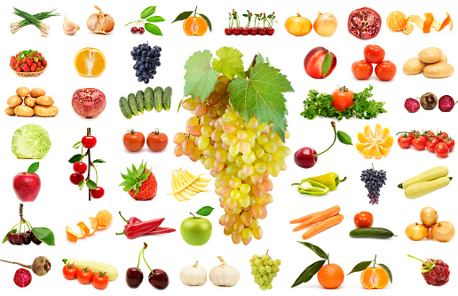 Large set vegetables and fruits isolated on white background. Collage natural products.