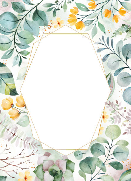 istock Pre-made Greeting card with succulent plants,palm leaves,flowers,branches and more 1136230658