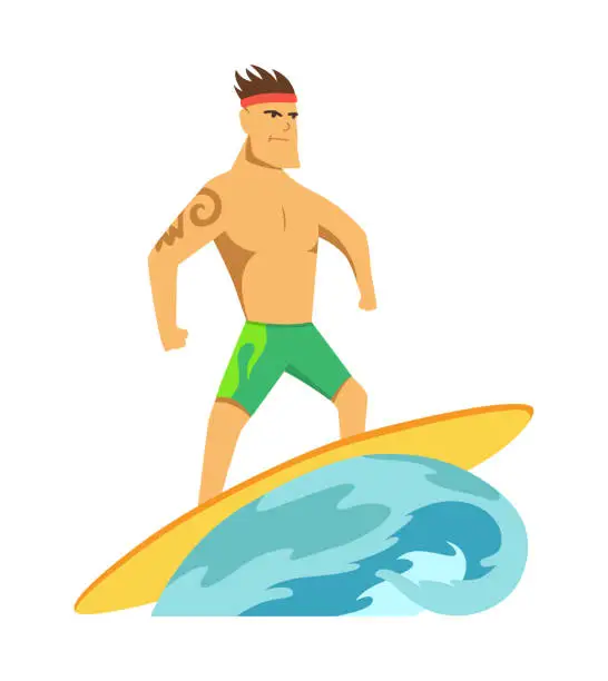 Vector illustration of Young man surfboarder riding a surfboard in the wave vector illustartion