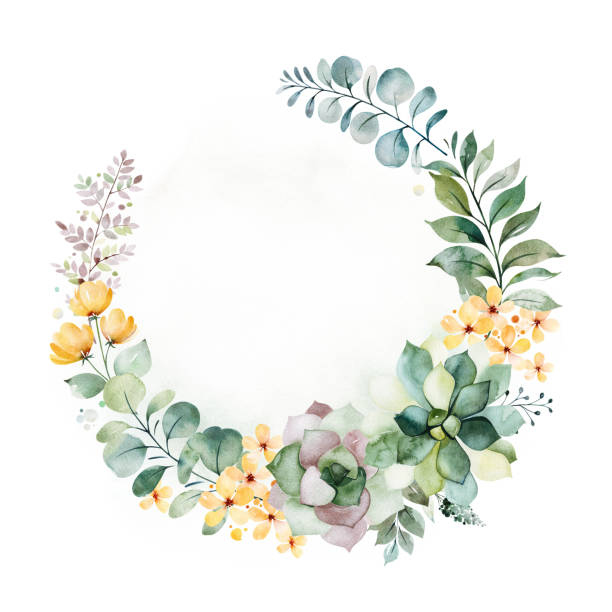 1 Wreath With Succulentspalm Leavesbranchesyellow Flowers Stock Illustration - Download Image Now - iStock 1 Wreath With Succulentspalm Leavesbranchesyellow Flowers Stock Illustration - Download Image Now - iStock