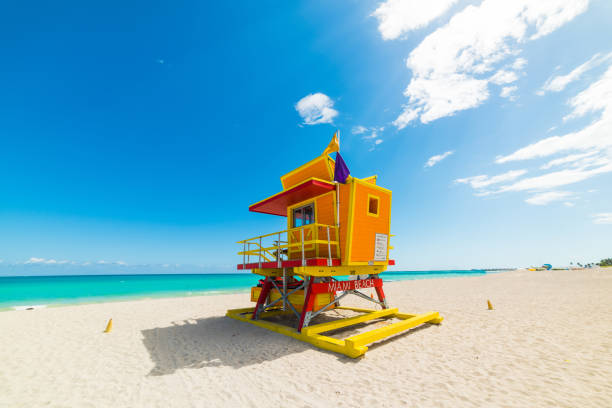 istock Colorful lifeguard tower under a clear sky in Miami Beach 1136233906