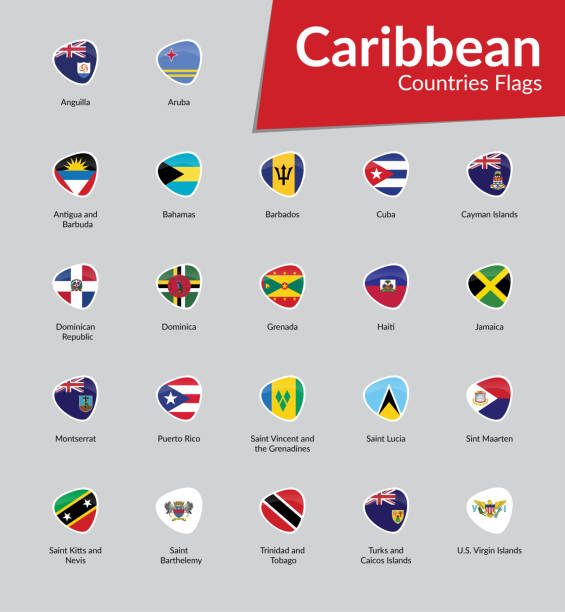 illustrazioni stock, clip art, cartoni animati e icone di tendenza di raccolta di icone caribbean countries flags - barbados flag illustrations