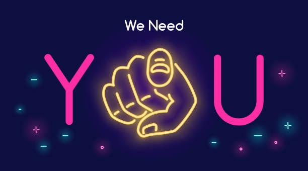 potrzebujemy ci ludzkiej ręki z palcem wskazującym lub gestykulającym w kierunku ciebie w neonowym stylu świetlnym z tekstem na ciemnofioletowym tle - ochoa stock illustrations