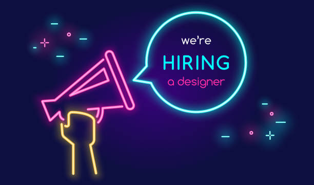 Megaphone shouting out with bubble speech we are hiring a designer Megaphone shouting out with bubble speech we are hiring a designer. Bright vector neon illustration of hand holds megaphone announcing with bubble hiring template. Announcement and broadcasting design classified ad audio stock illustrations